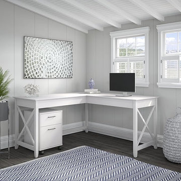 Bush Furniture Key West 60W L Shaped Desk with 2 Drawer Mobile File Cabinet in Pure White Oak
