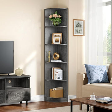 YITAHOME 70.8" Corner Shelf, 5 Tier Corner Bookshelf and bookcase, Modern Open Free Standing Shelving Unit Wooden Display Rack Storage Shelves for Bedroom, Living Room, Home Office, Charcoal Gray