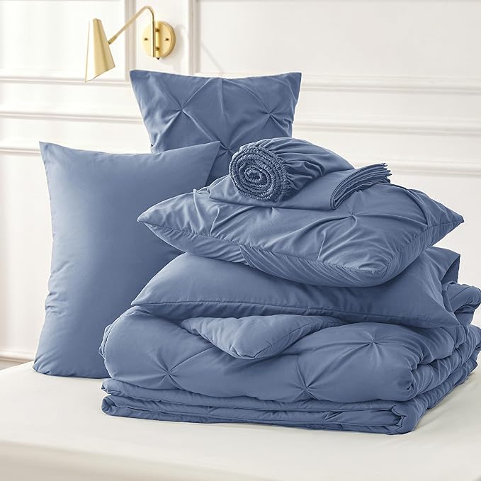 Bedsure California King Comforter Set Slate Blue - Cal King Bed Set 7 Pieces, Pinch Pleat Cali King Bedding Set with Comforter, Sheets, Pillowcases & Shams