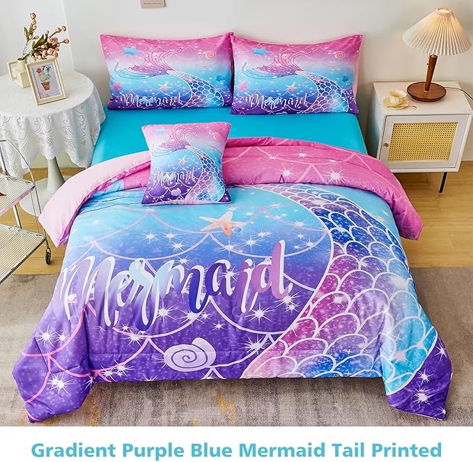 URBONUR 6Pcs Purple Blue Comforter Set Queen Size for Girls Bed in a Bag Queen Bedding Set with Comforter and Sheets Set, Gradient Mermaid Tail Printed Bed Sets for Teens Girls Women