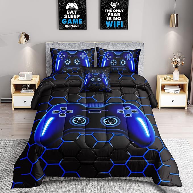 5 Pieces Bed in A Bag Gamer Bedding Set for Boys Kids Adult Gaming Comforters Set,Boys Bed in A Bag Set Twin Size Comforter with Fitted Sheet Flat Sheet Pillowcase pillowsham,DJTH5025Twin