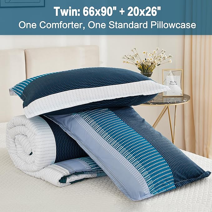 Litanika Navy Blue Comforter Twin/Twin XL Size Set, 2 Pieces Boys Men Bedding Set, Single Blue White Colorblock Striped Bed Set (66x90In Comforter & 1 Pillowcase)