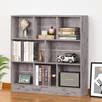 LEYAOYAO 8 Cube Bookshelf with Base,3 Tier Mid-Century Modern Grey Bookcase,Standing Wide Bookshelves Storage Organizer Shelf,Rustic Wood Display Cabinet Book Shelves for Bedroom,Living Room,Office