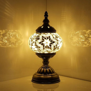 Turkish Mosaic Lamp Bohemian Tiffany Style Stained Glass Bedside Lamp for Bedroom (White)