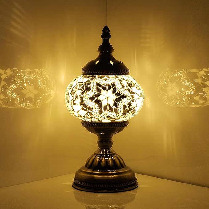 Turkish Mosaic Lamp Bohemian Tiffany Style Stained Glass Bedside Lamp for Bedroom (White)