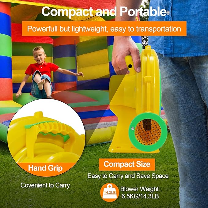 Bounce House Blower, 750W 1HP Commercial Air Blower with Double-Sided Fan Blade Design, Strong Wind and Great Heat Dissipation Properties for Medium and Large Bouncy Castle, Jump Slides, Arch