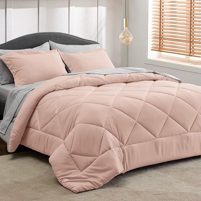 Bedsure Blush Pink California King Size Comforter Set - 7 Pieces Reversible Cal King Bed in a Bag Bed Set with Comforters, Sheets, Pillowcases & Shams, California King Bedding Sets
