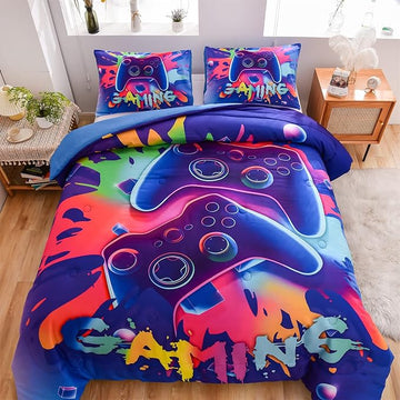 Aimuan Gaming Comforter Sets for Boys Kids Bedding Sets Video Games Console Action Buttons Novelty Colorful Game Gamepad Controller Modern Gamer Room Decor Home Quilt Set (Full, Purple)
