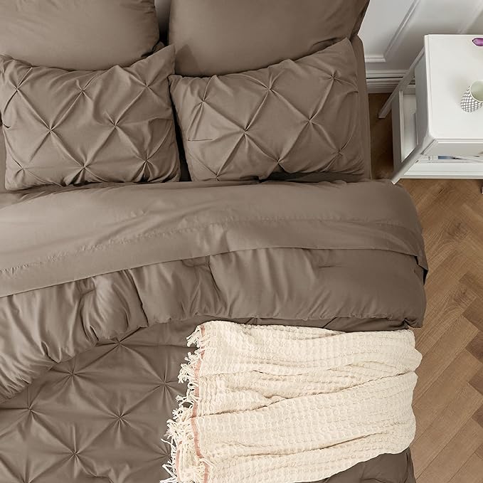 Bedsure Twin XL Comforter Set - Extra Long 5 Pieces Dorm Room Essentials, Pinch Pleat Brown Bed in a Bag with Comforter, Sheets, Pillowcase & Sham, Kids Bedding Set