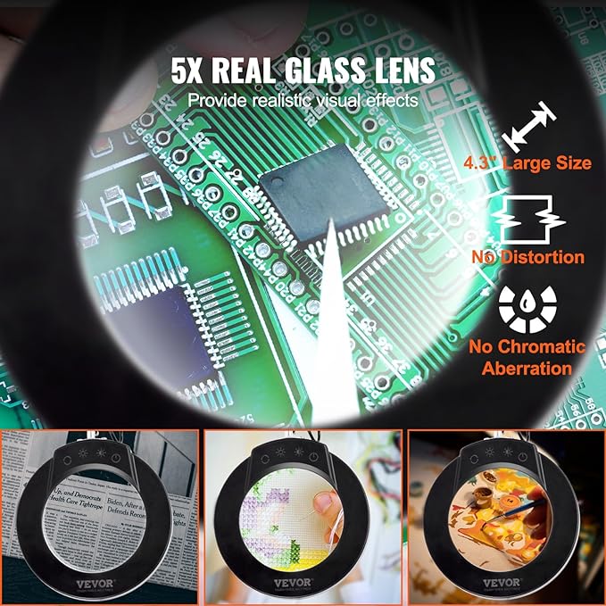 VEVOR Magnifying Glass with Light, 5X Magnifying Lamp, 4.3" Glass Lens, Desk Magnifier with Light, 64 LED Lights 5 Color Modes, with Clamp for Close Work, Reading, Repair Crafts