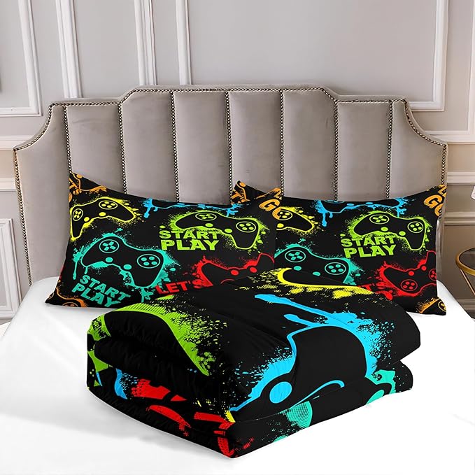 Kids Comforter Bedding Set Full Size 5 Piece Super Soft Breathable Print Kids Bedding Sets for Boys, Washable Durable Comforter Set with Comforter, Shams, Sheet, 2 Pillowcases (GamePad)