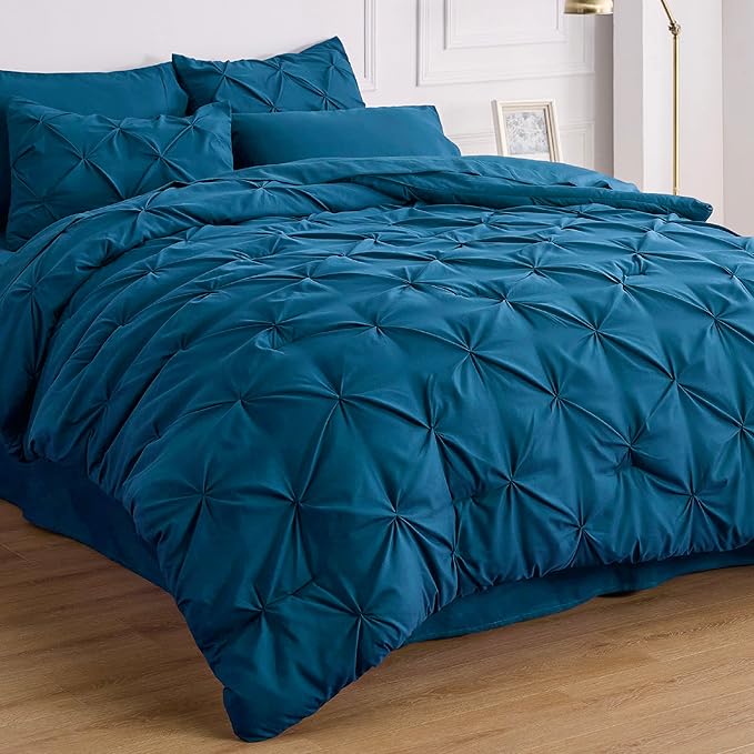 Bedsure Teal Comforter Set Queen - Bed in a Bag Queen 7 Pieces, Pintuck Bedding Sets Teal Blue Bed Set with Comforter, Sheets, Pillowcases & Shams