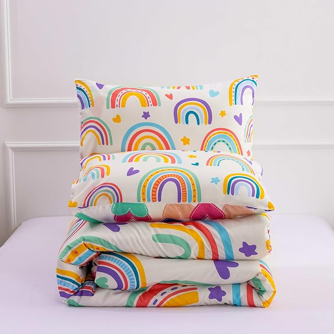Btargot 3 Piece Kids Rainbow Comforter Set with 2 Pillow Covers, Cartoon Love Hearts Suns and Stars Bedding Set for Girls Boys Kids, Twin Beige