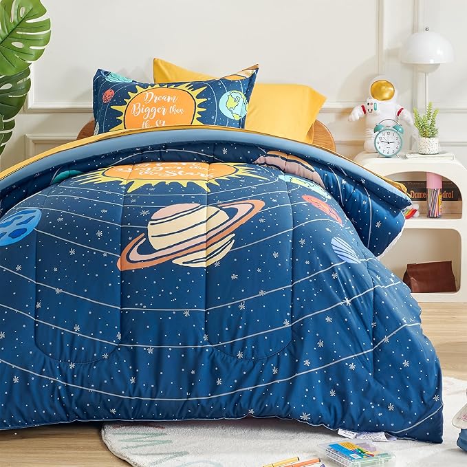 SLEEP ZONE 5 Pieces Bedding Super Soft Comforther Set, Soft Lightweight Bed in a Bag, Durable Children Bed Set, Easy Care, All Season (Solar System, Twin)