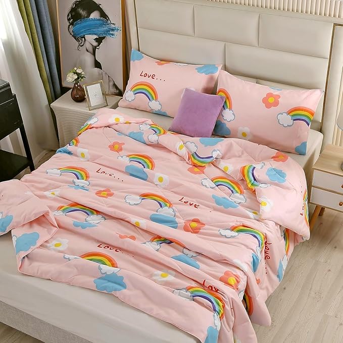 3PCS Rainbow Comforter Set Twin, Cute Pink Twin Size Flower Cloud and Rainbow Comforter Aesthetics, Super Soft and Comfort Microfiber, Kawaii Girls’ Bedroom Decor for Kids, Teens, Children, Women