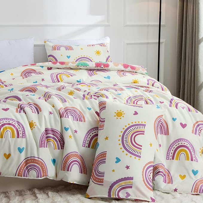 Btargot Lightweight Soft 3 Piece Rainbow Comforter Set with 2 Pillow Covers, Cartoon Love Hearts Suns and Stars Bedding Set for Girls Boys Kids, Queen Purple