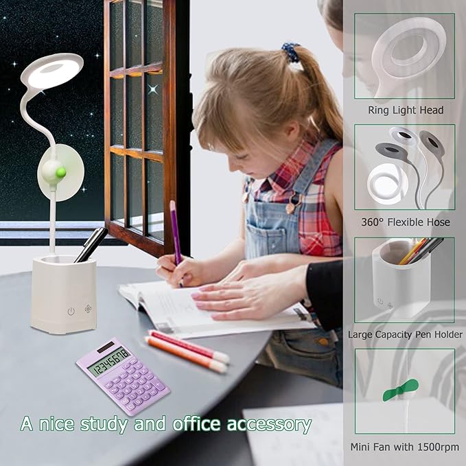 Led Desk Lamps, Small Cute Desk Lamp with 3 Lighting Modes, Modern Desk Ring Night Light with Pen Holder and Green Mini Fan for Home Office Bedroom
