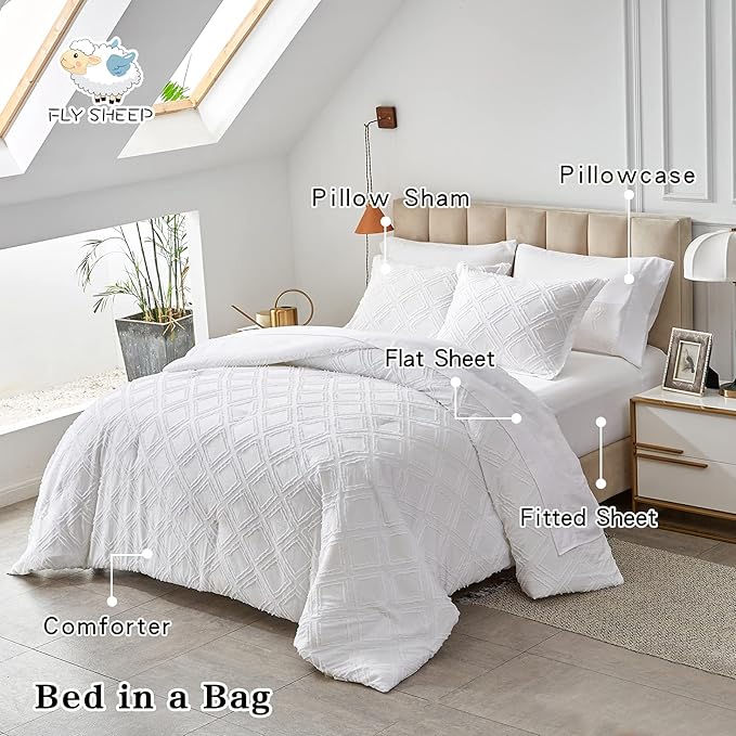 7 Pieces Tufted Bed in a Bag Queen Comforter Set with Sheets White, Soft and Embroidery Shabby Chic Boho Bohemian, Luxury Solid Color with Diamond Pattern, Jacquard Tufts Bedding Set for All Season