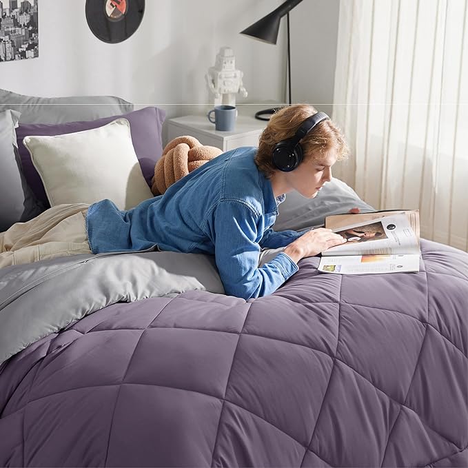Bedsure Grayish Purple California King Size Comforter Set - 7 Pieces Reversible Cal King Bed in a Bag, Cal King Grayish Purple and Grey Bed Set with Comforters, Sheets, Pillowcases & Shams