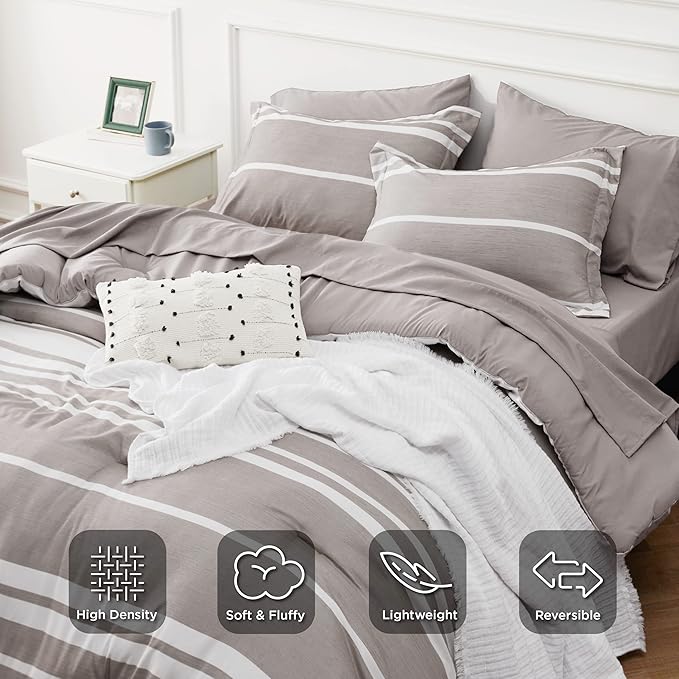 Bedsure California King Comforter Set 7 Pieces, Warm Taupe White Striped Bedding Comforter Sets All Season Bed Set, 2 Pillow Shams, Flat Sheet, Fitted Sheet and 2 Pillowcases