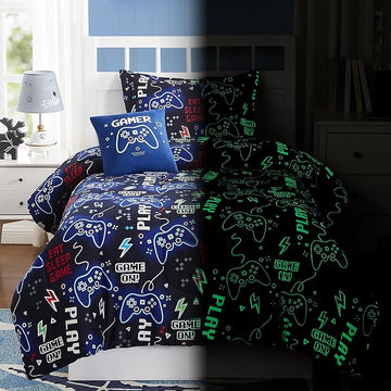Kids Comforter Set Twin Size for Boys, Glow in The Dark Black Gamer Bedding Set Twin-1 Twin Comforter, 1 Decor Pillow, 1 Pillow Sham
