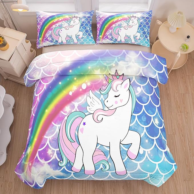 Tailor Shop Unicorn Comforter Sets Queen Size,Blue Unicorn Bedding Sets for Girls Kids Teens with 2 Pillowcase……