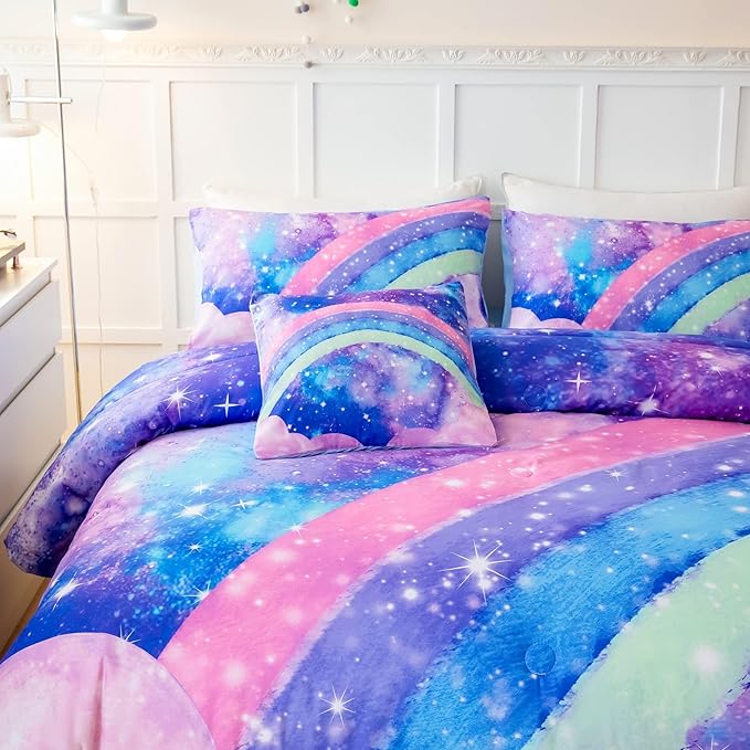 Tie Dye Blue Teens Comforter Set Queen for Girls, 3D Rainbow Gradient Glitter Bed in A Bag, 6 Pieces Twinkle Nebula Comforter Kids Bedding Set for All Season