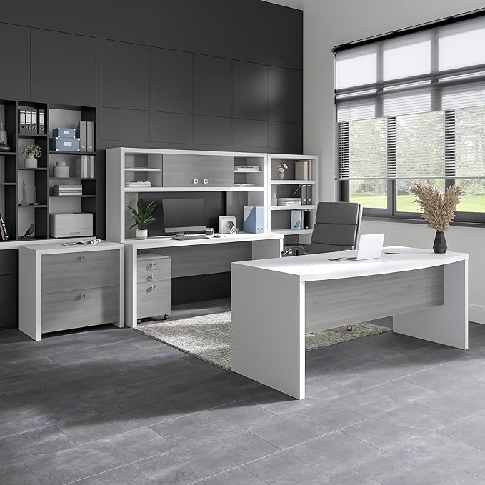 Bush Business Furniture Echo L Shaped Computer Desk, 72W, Pure White and Shiplap Gray