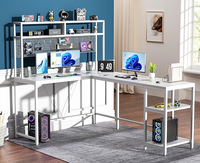 L Shaped Desk with Hutch - 67" L Shaped Gaming Desk with LED Lights, Corner Computer Desk with Storage Shelves, L Shaped Office Desk with Pegboard, White