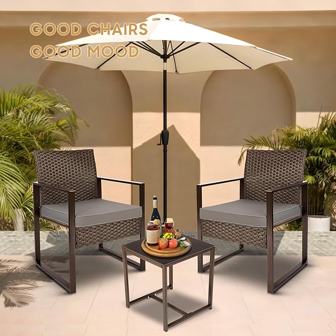 YIYAN 3 Pieces Outdoor Furniture Set Patio Rattan Wicker Chairs & teatable,Lawn Garden Balcony Backyard,with Washable Cushion (Gray)
