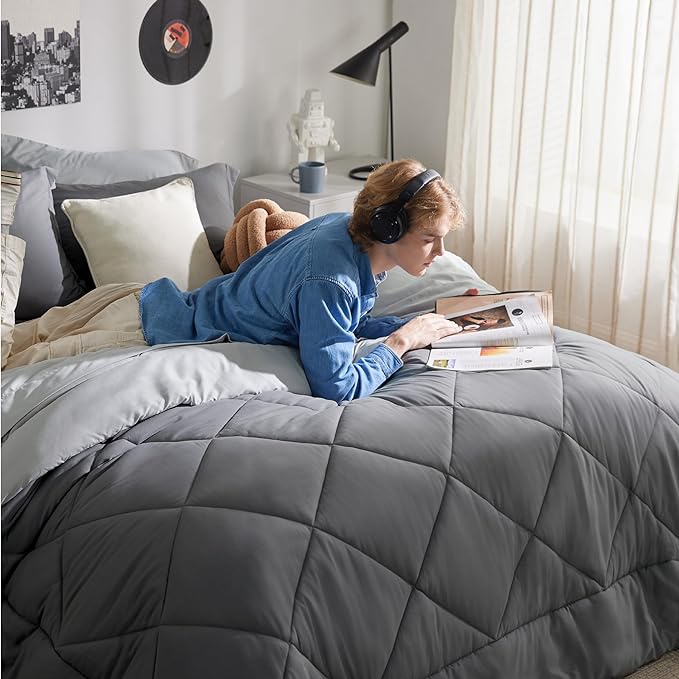 Bedsure Dark Grey California King Size Comforter Set - 7 Pieces Reversible California King Bed in a Bag, California King Dark Grey Bed Set with Comforters, Sheets, Pillowcases & Shams