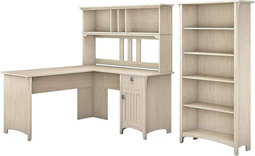 Bush Furniture Salinas 60W L Shaped Desk with Hutch and 5 Shelf Bookcase in Antique White