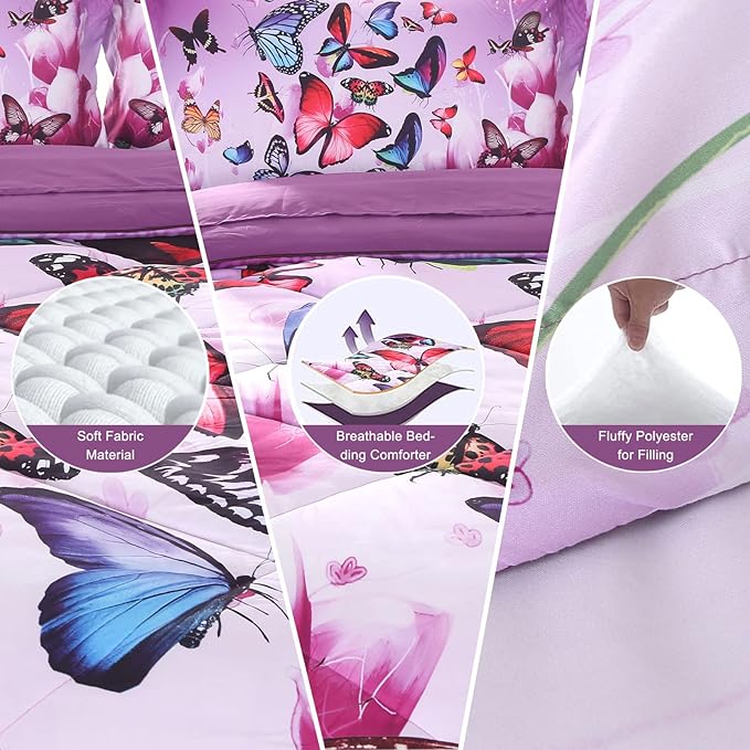 ENCOFT Pink and Purple Butterfly Comforter Set Twin, 3 Pieces Soft Microfiber Lightweight Butterfly Twin Bed Comforter Set, Extra Long Twin XL Comforter for Girls, Teen, 68"x92"