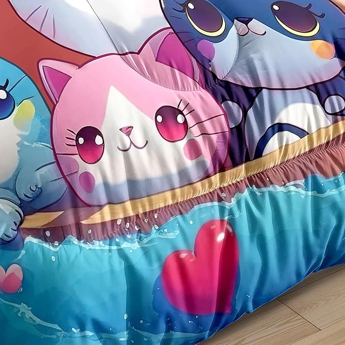 Cat Bedding Set Queen Size - Cute Girls Bedding Cat Comforter Set for Kids Teens Girls Cartoon Animal Print Cat Quilt Soft Breathable Kid Comforter Set, 1 Comforter 2 Pillowcase