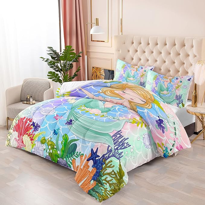 CVHOUSE Mermaid Comforter Set,Ocean Sea Mermaid Bedding Set for Girls Kids Teens,Mermaid Comforter Butterflies Duvet Set Room Decor Quilt Set Queen Size