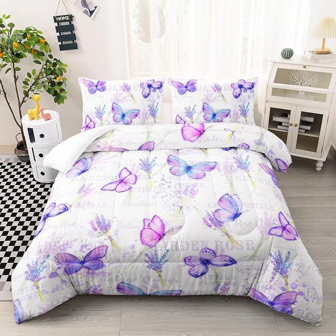 Purple Butterfly Comforter Set Queen Size for Girls Kids Adults Lavender Flowers Pattern Bedding Set Aesthetics Butterflies Quilt Bed Set with 1 Comforter and 2 Pillowcases
