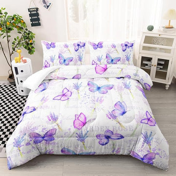Purple Butterfly Comforter Set Twin Size for Girls Kids Adults Lavender Flowers Pattern Bedding Set Aesthetics Butterflies Quilt Bed Set with 1 Comforter and 2 Pillowcases
