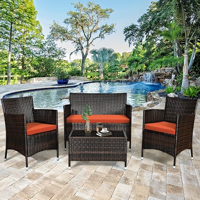 Goplus 4-Piece Rattan Patio Set, Outdoor/Indoor Wicker Conversation Set for Pool, Backyard, Lawn, Wicker Chairs and Sofa with Soft Cushion, Rattan Furniture with Tempered Glass Coffee Table