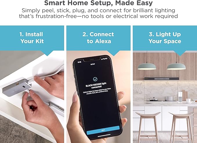 BLACK+DECKER Works with Alexa Smart Under Cabinet Lighting Kit, Adjustable LEDs, (3) 9" Bars White