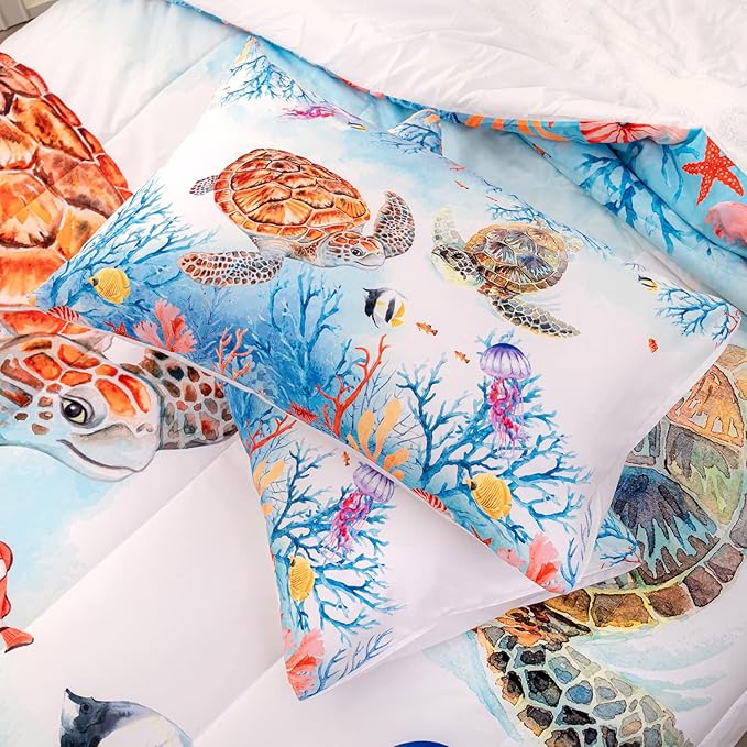 CVHOUSE Sea Turtle Comforter Set,Ocean Watercolor Sea Turtle Bedding Set for Kids Teens,Ocean Sea Turtle Comforter Sea Turtle Duvet Set Room Decor Quilt Set Queen Size