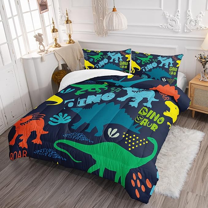 Axolotl Boys Bedding Cartoon Dinosaur Comforter Set Full Size,Cute Dinosaur Bedding Set for Boys Girls Teens Kids Adults Room Decor,Kids Comforter Set All Season,1 Quilt 2 Pillow Cases,Purple