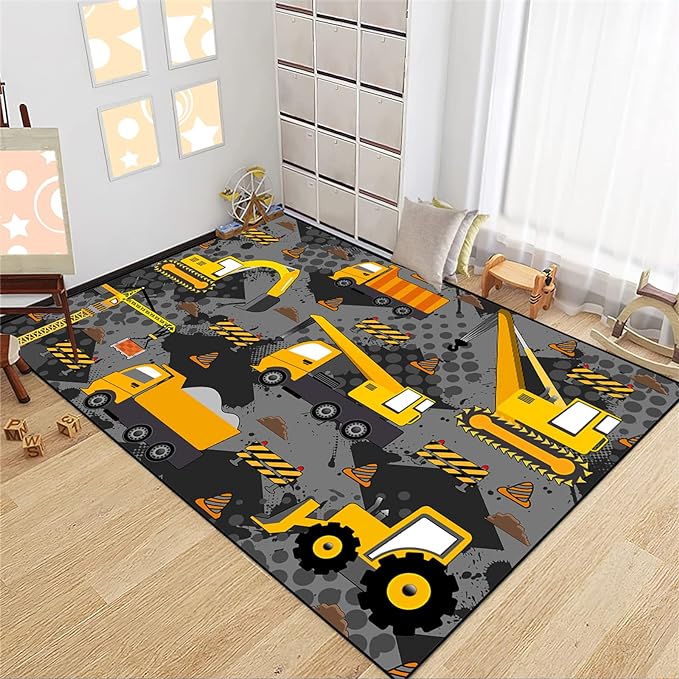 Construction Rugs for Boys Room Play Rug for Cars and Trucks Car Rug Play Mat Kids Rugs for Playroom Car Rug for Boys Room Construction Decor for Boys Room,Grey 4'5''×6'
