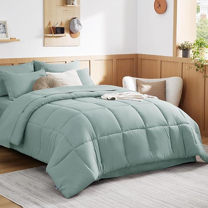 Bedsure Sage Green Twin Comforter Set - 5 Pieces Solid Twin Bed in a Bag, Twin Bed Set Sage Green with Quilted Warm Fluffy Comforters, Sheets, Pillowcase & Sham