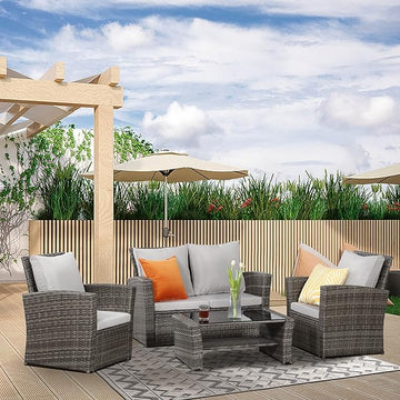 Solaste 4 Piece Patio Outdoor Furniture Sets,Patio Conversation Sofa Wicker Chair with Cushion,Hand Woven Rattan Sofa for Porch Backyard Outside Garden Lawn Yard,Grey