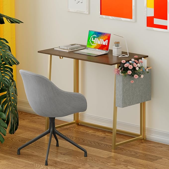 4NM 31.5" Small Desk with Storage Bag, Simple Assembly Folding Computer Desk Home Office Desk Study Writing Table for Small Space Offices - Brown and Golden
