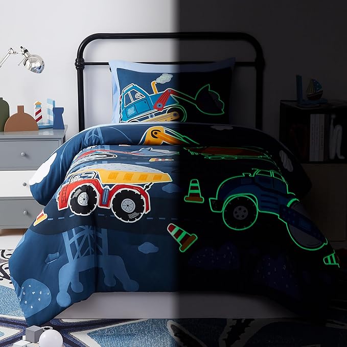 Truck Tractor Excavator Twin Comforter Set with Sheets - 5 Pieces Kids Twin Bedding Sets for Boys, Glow in The Dark Construction Trucks Twin Bed in a Bag for Kids, Teens