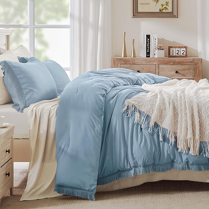 Andency Grayish Blue Comforter Set Full Size, 3 Pieces Boho Tassel Lightweight Bedding Comforter Sets, All Season Soft Fluffy Fringe Bed Set (79x90In Comforter & 2 Pillowcases)