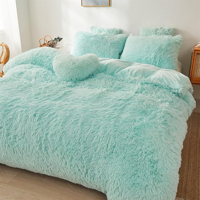 FOPPA Green Comforter Cover Set - Ultra Soft Plush Bedding Sets 3 Pieces (1 Faux Fur Duvet Cover + 2 Faux Fur Pillow case) Green Bed Set(Mint Green, Queen)