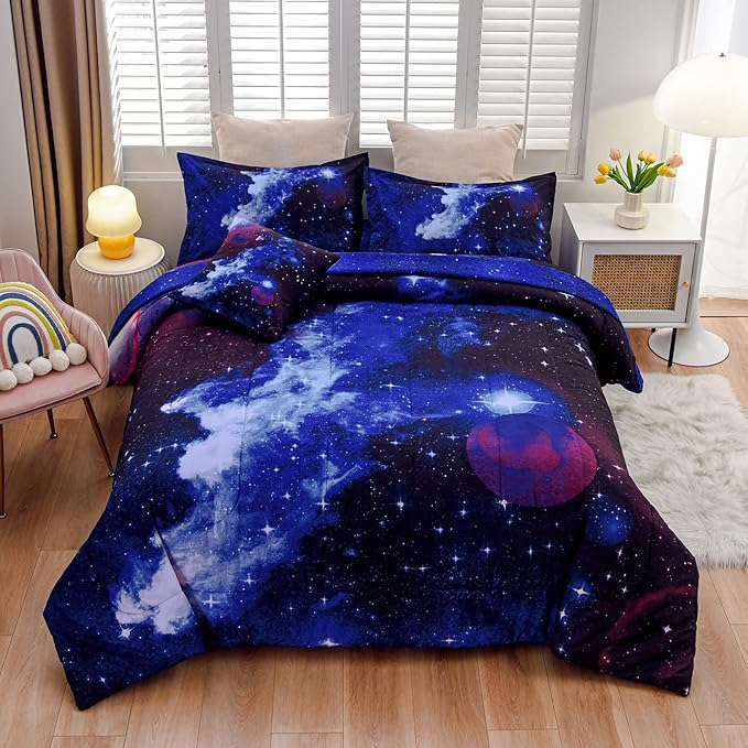 A Nice Night Galaxy 6Pcs Bedding Sets Outer Space Comforter Bed in a Bag 3D Printed Quilt,for Children Boy Girl Teen Kids,Twin 6Pcs