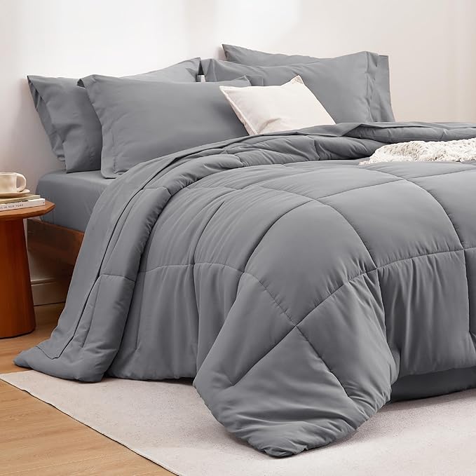 Bedsure Twin Comforter Set - 5 Pieces Solid Twin Bed in a Bag, Twin Bed Set Grey with Quilted Warm Fluffy Comforters, Sheets, Pillowcase & Sham